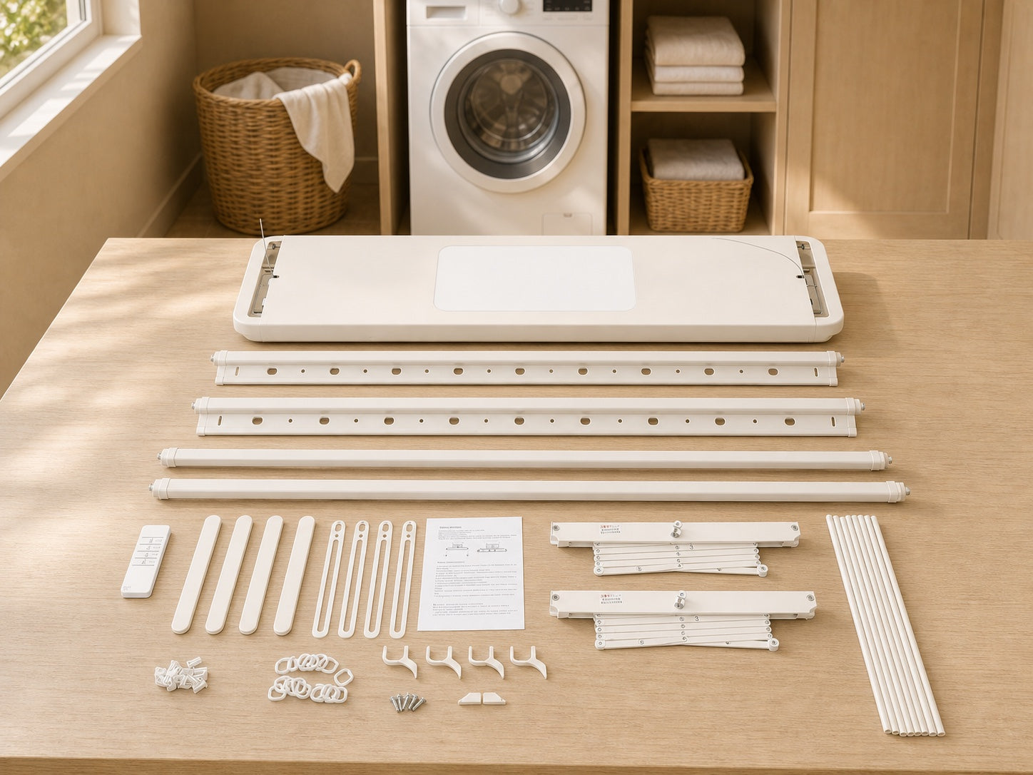 Contenu du colis Tendôme One présenté dans la buanderie