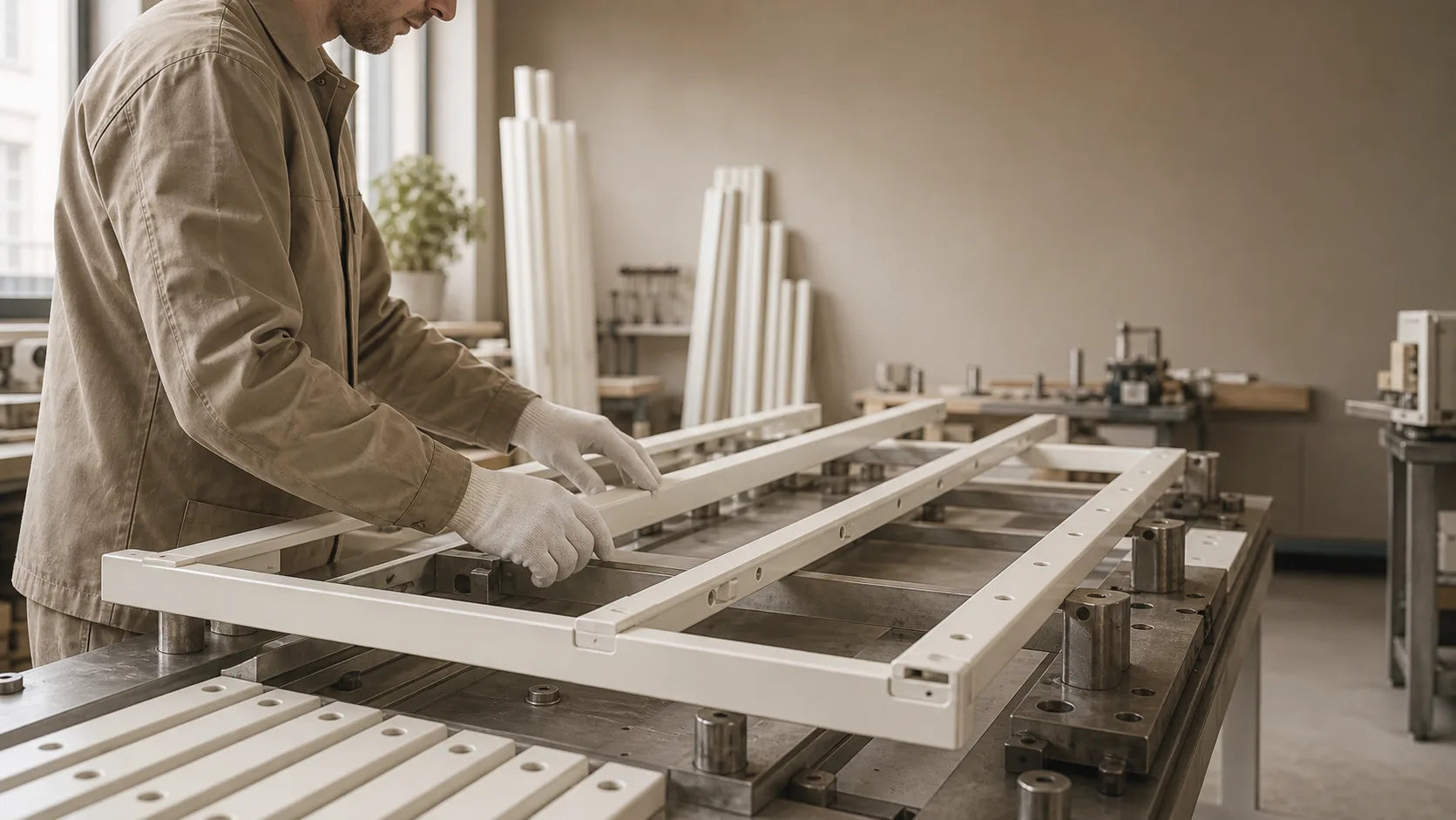 Mise en scène d’un artisan alignant la structure métallique d’un étendoir Tendôme One